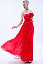 Clearence Red Empire One Shoulder Prom Dress Chiffon Beading and Hand Made Flowers Floor-length