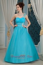 Clearence Elegant Aqua Blue Prom Dress A-line One Shoulder Tulle and Taffeta Appliques Floor-length
