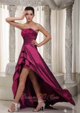 Fuchsia A-line Strapless Asymmetrical Taffeta Sequins Prom Dress