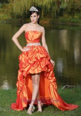 High-Low Orange Red Taffeta Dama Dresses for Quinceanera With Strapless Lace-up