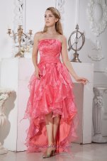 Watermelon Red A-line Strapless High-low Prom / Homecoming Dress Elastic Woven Satin and Organza Ruffles and Beading