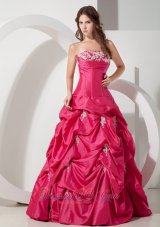 Plus Size Popular Hot Pink A-line Strapless Appliques Prom Dress Floor-length Taffeta
