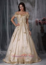 Plus Size Champagne A-line Off The Shoulder Floor-length Taffeta Hand Made Flowers Prom / Evening Dress