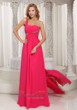 Plus Size One Shoulder Ruched Bodice Customize Prom Dress With Beading Chiffon Watteau Train