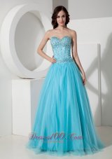 Plus Size Simple Light Blue A-Line / Princess Sweetheart Quinceanera Dress Tulle Beading Floor-length