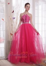 Plus Size Hot Pink A-Line/Princess Strapless Floor-length Tulle Beading Prom Dress