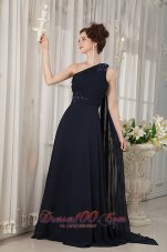 Plus Size Navy Blue Mother Of The Bride Dress Empire One Shoulder Watteau Train Chiffon Beading