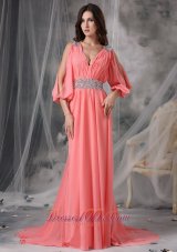 Plus Size Customize Watermelon Red V-neck Prom / Evening Dress Chiffon Beading Court Train