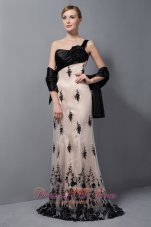 Designer Beautiful Champagne Column Mother Of The Bride Dress One Shoulder Hand Made Flower Brush Train Tulle Lace