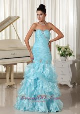 Designer Ruched Bodice and Ruffles 2013 Mermaid Baby Blue Prom Dress Sweetheart