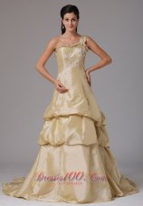 Designer Wholesale A-line Champagne One Shoulder Prom Dress With Appliques Decorate Bust Ruffled Layered In Guilford Connecticut