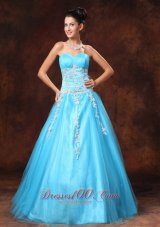 Designer Baby Blue Sweetheart A-line Appliques Graduation Custom Made Prom Gowns