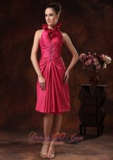 Designer Beaded and Ruched For Hot Pink Halter Prom Dress Knee-length In Grandville