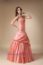 Designer Watermelon A-line Strapless Floor-length Beading and Pick-ups Taffeta Prom Dress