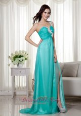 Designer Turquoise Empire One Shoulder Brush Train Silk Like Satin and Chiffon Appliques Prom Dress
