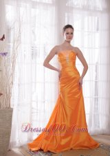 Designer Orange Column / Sheath Strapless Sweep / Brush Train Taffeta Beading Prom Dress