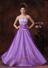 Designer Beaded Decorate Shoulder Tulle Strapless Lavender Prom Dress