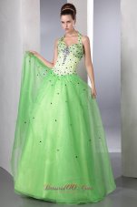 Designer Spring Green A-line Halter Prom Dress Satin and Organza Beading Floor-length