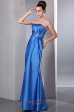 Designer Blue Column Strapless Beading Prom Dress Ankle-length Satin