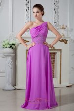 Designer Lavender Column One Shoulder Prom Dress Chiffon Ruch and Beading Floor-length