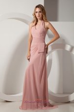 Designer Light Pink Column Halter Ruch Bridesmaid Dress Brush Train Chiffon
