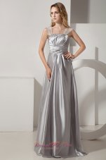 Designer Silver Column Straps Ruch and Beading Prom Dress Floor-length Satin