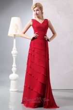 Designer Perfect Red Column V-neck Ruch Mother Of The Bride Dress Floor-length Chiffon