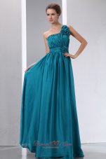 Designer Cheap Teal Prom Dress Empire One Shoulder Hand Made Flowers and Ruch Floor-length Chiffon and Elastic Wove Satin