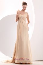 Designer Cheap Champagne Prom / Evening Dress Beading Empire V-neck Brush Train Chiffon