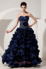 Designer Beautiful Navy Blue A-line / Princess Prom Dress Sweetheart Beading Floor-length Organza