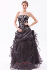 Designer Black A-line / Princess Strapless Floor-length Organza Beading Prom Dress