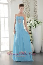 Designer Aqua Blue Empire Sweetheart Brush Train Chiffon Beading and Ruch Prom / Graduation Dress