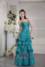 Designer Teal Princess Straps Floor-length Taffeta Beading and Ruch Prom / Graduation Dress