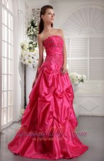 Designer Fuchsia A-line / Princess Strapless Floor-length Taffeta Beading Prom / Evening Dress