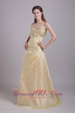 Designer Champagne A-Line / Princess Sweetheart Brush Train Taffeta Beading and Appliques Prom / Evening Dress