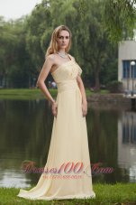 Designer Light Yellow Empire One Shoulder Brush / Sweep Chiffon Ruch Prom Dress