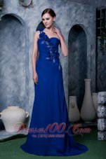 Designer Sexy Royal Blue Column One Shoulder Prom Dress Hand Made Flower and Beading Chiffon Brush Train