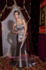 Designer Modest Grey Column Strapless Prom / Evening Dress Elastic Woven Satin Beading Brush Train