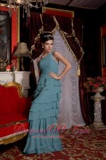 Designer Luxurious Baby Blue Empire Prom / Evening Dress One Shoulder Chiffon Beading Brush Train