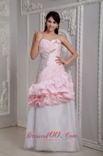 Designer Perfect Baby Pink and White Prom Dress Mermaid Sweetheart Beading Floor-length Taffeta
