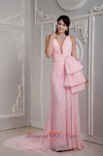Designer Baby Pink Empire V-neck Prom Dress Chiffon Beading Court Train