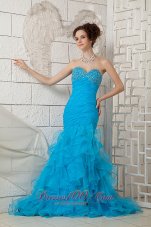 Designer Sky Blue 2013 Prom Dress For Custom Made Sweetheart Organza Beading Brush Train