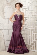 Designer Popular Dark Purple Prom Dress Sweetheart Taffeta Beading Brush Train