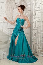 Designer Beauty Turquoise A-line Sweetheart Prom Dress Taffeta Brush Train Beading