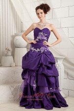 Designer Sexy Purple A-line Prom Dress Sweetheart Appliques Brush Train Taffeta and Organza