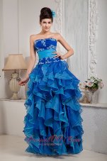 Designer Exclusive Blue Empire Prom Dress Strapless Organza Appliques Floor-length