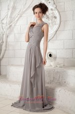 Designer Customize Gray Empire V-neck Prom Dress Chiffon Ruch Brush Train