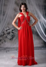 Designer Johnston Iowa Beaded Decorate Bust Ruch Red Chiffon Halter Watteau Train 2013 Prom / Evening Dress