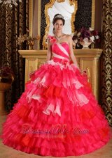 New Beautiful Red Quinceanera Dress One Shoulder Organza Ruffles and Beading Quinceanera Dress Ball Gown