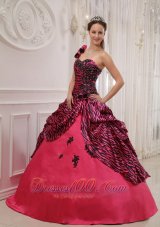 New Cheap Hot Pink Quinceanera Dress One Shoulder Zebra or Leopard Appliques Ball Gown